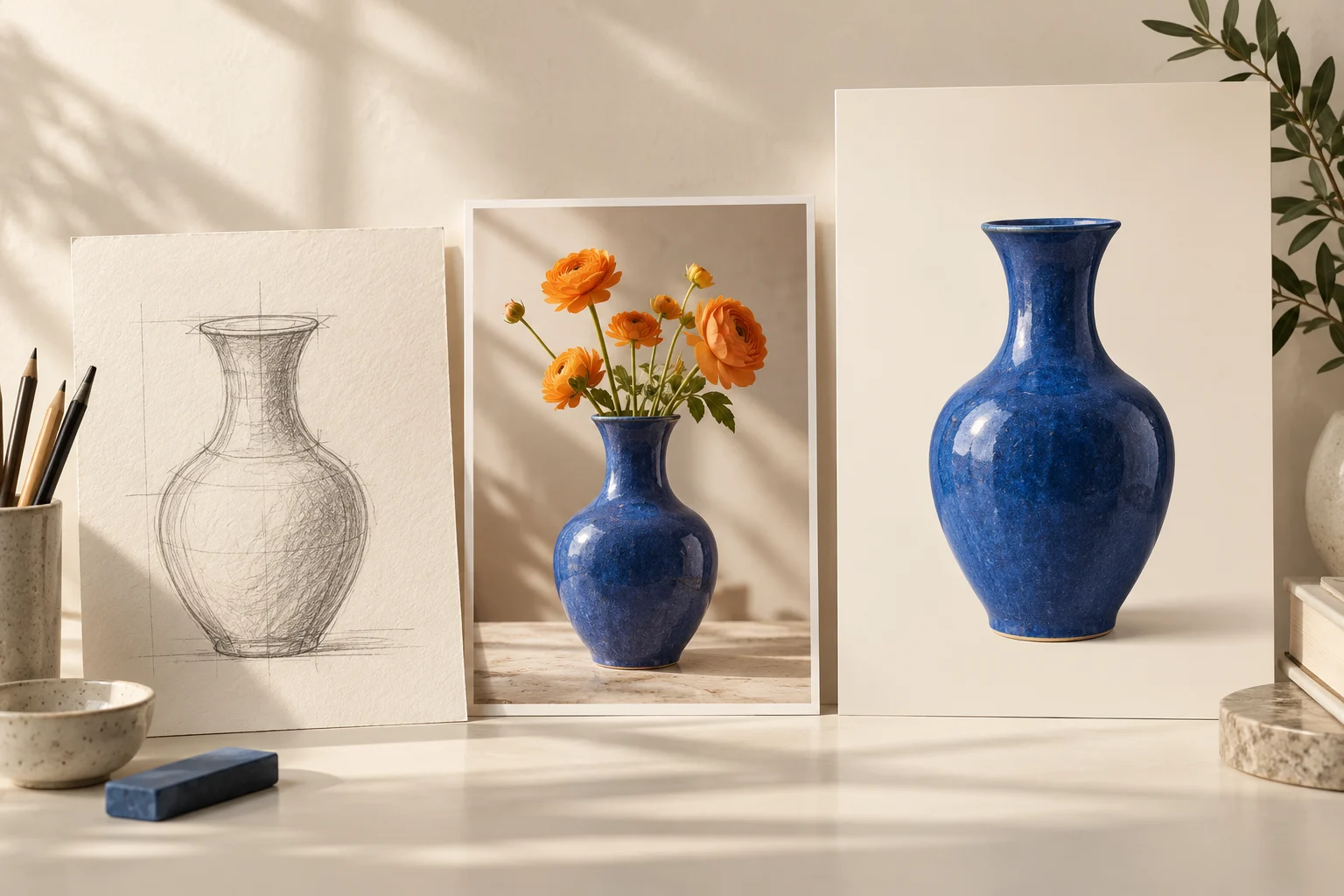 Concept illustration of a pencil sketch, a vase photograph and a finished poster arranged on a desk