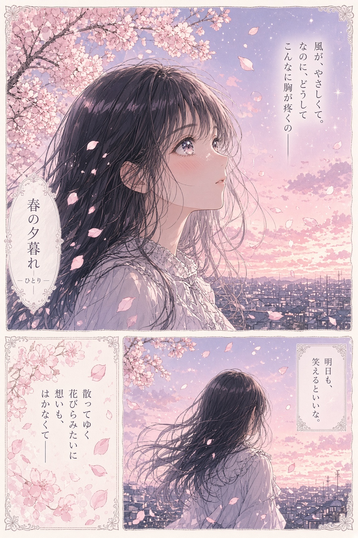 Anime manga panels showing a girl beneath drifting cherry blossoms