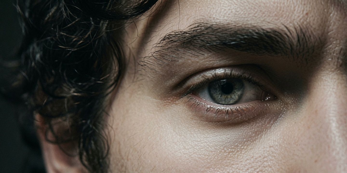 Close-up photograph showing a grey-blue eye, curls and detailed skin texture