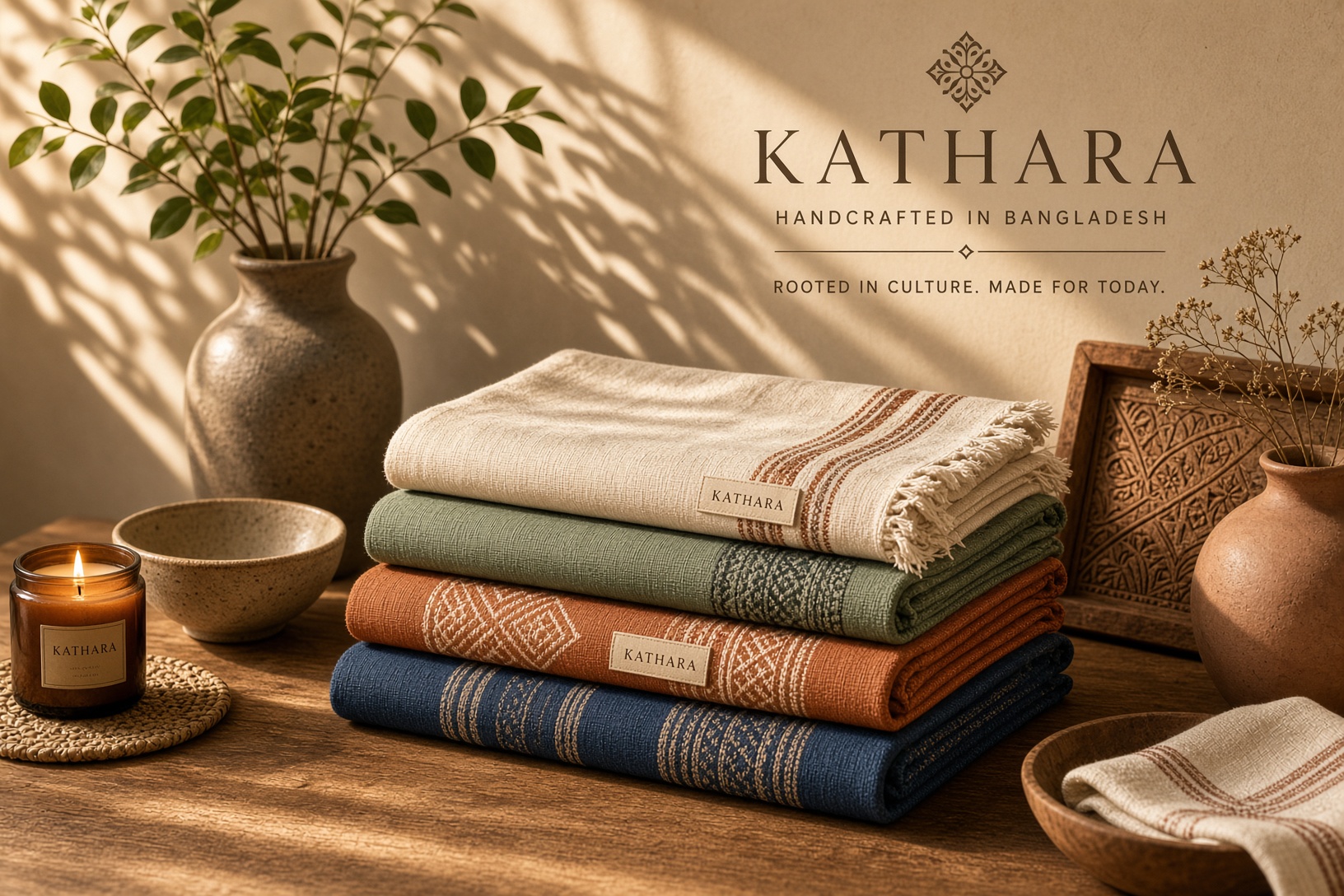 Folded woven textiles on a wooden table in a softly lit product composition