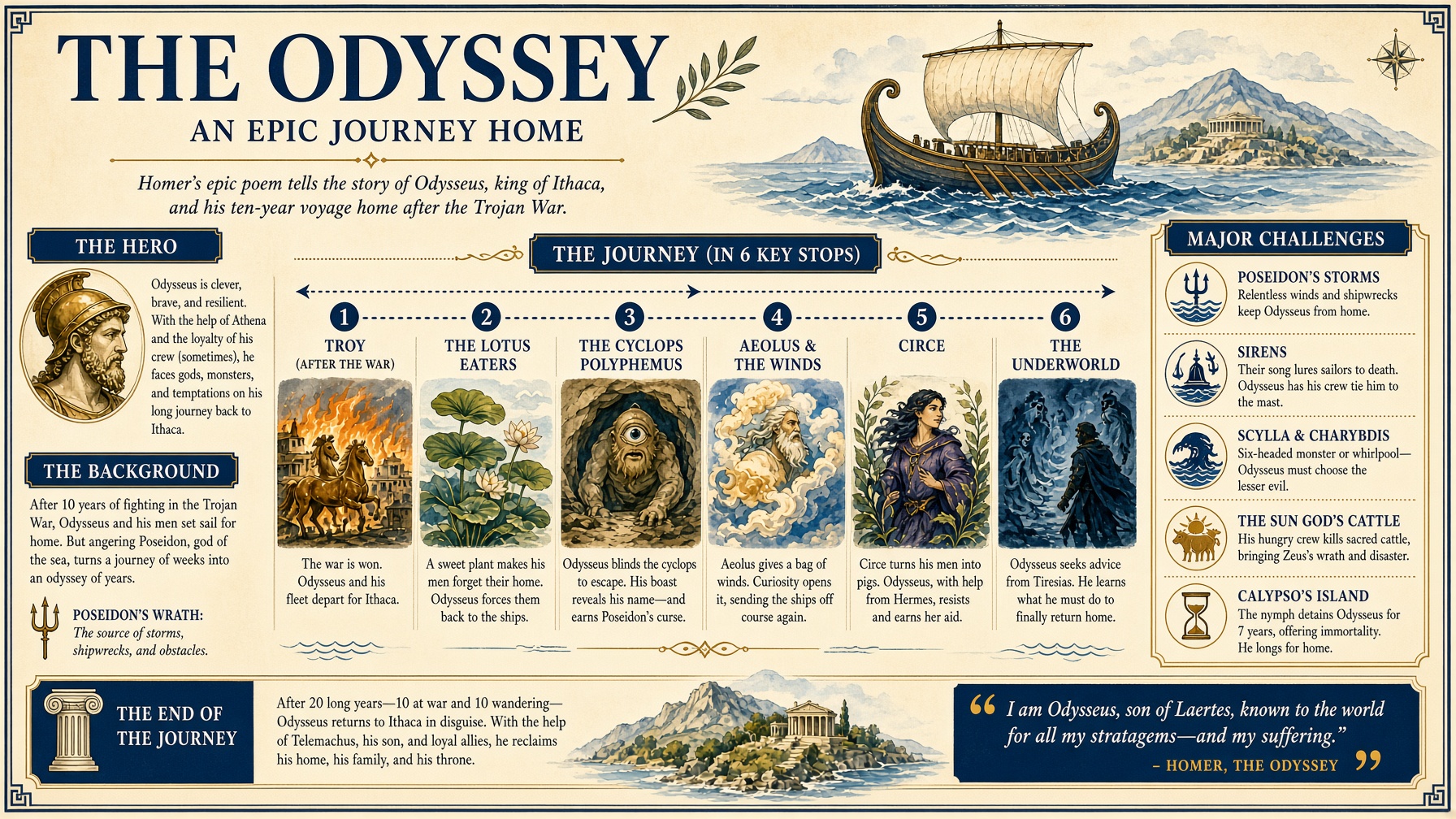 Illustrated Odyssey voyage infographic with a map, captions and inset scenes