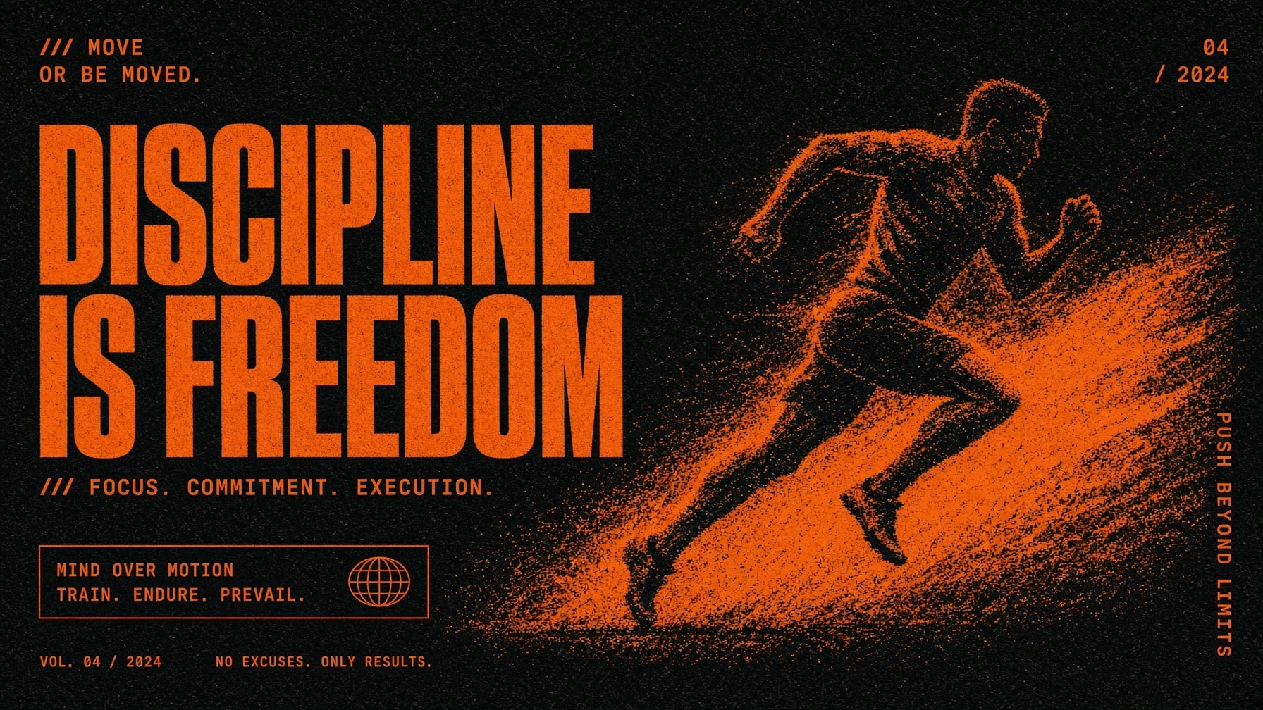 Orange and black running poster with a large motivational headline